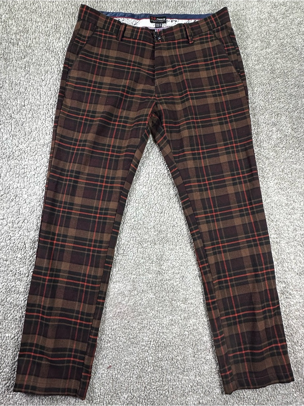 Tailored Recreation Premium Men's Pants Size 32x32 Brown Plaid Slim Fit Trousers